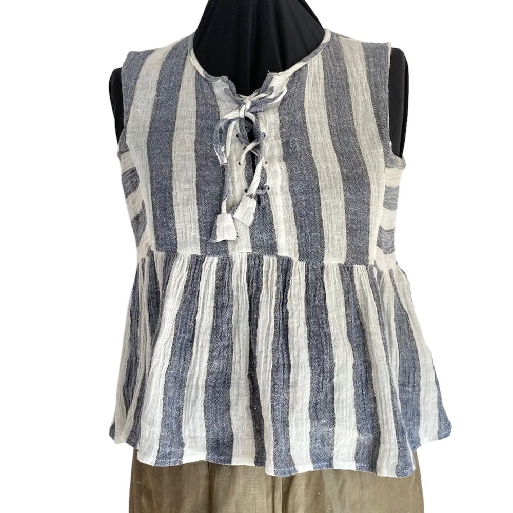 J. Crew Point Sur 100% Linen Top XXS Blue Striped Sleeveless Babydoll Tank Top